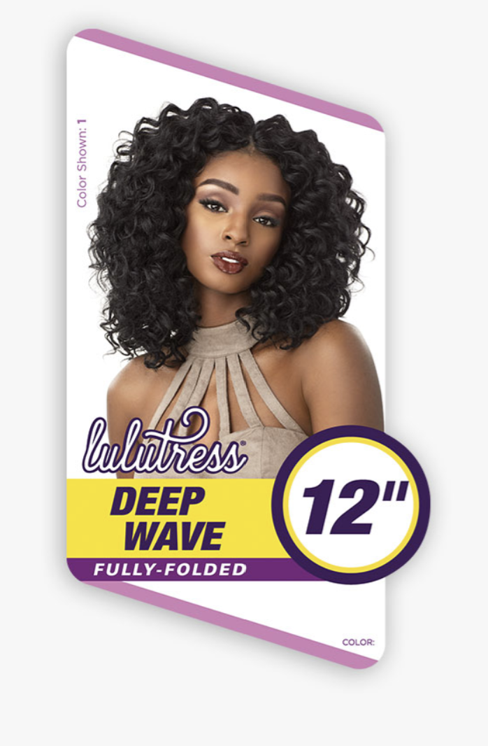 Lulutress Deep Wave hair product packaging with a model and size 12 inch label.