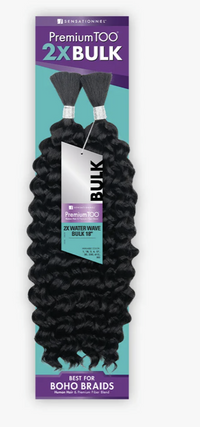Thumbnail for A package of Sensation Innec Premium TOO 2X Bulk hair extensions, featuring two bundles of deep wave hair on a teal and purple cardboard backing.
