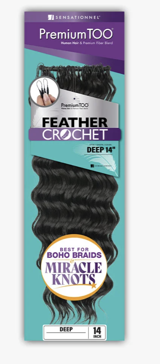 Package of Premium TOO Feather Crochet hair extensions with teal background