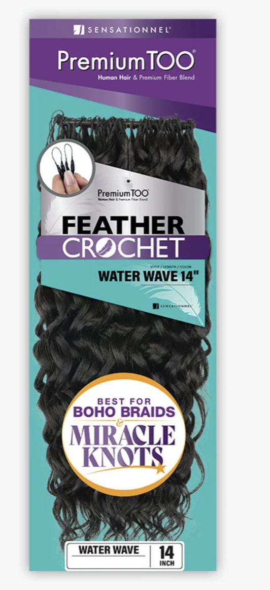 Package of Sensationnel Premium Too Feather Crochet hair extensions with teal background