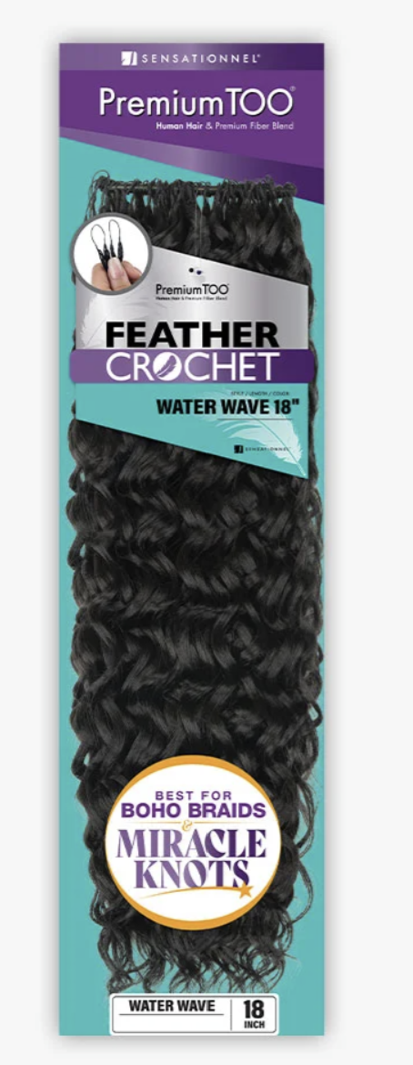 Package of Premium Too Feather Crochet hair extensions with water wave texture.