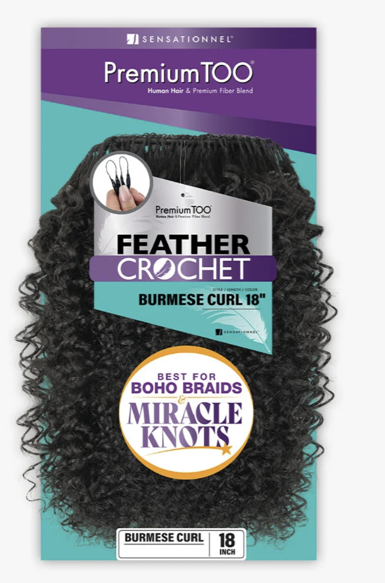 Sensationnel Premium TOO Feather Crochet Burmese Curl 18-inch hair extension packaging, featuring a black curly wig on a teal and purple card with product details and promotional badges.
