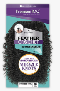 Thumbnail for Sensationnel Premium TOO Feather Crochet Burmese Curl 18-inch hair extension packaging, featuring a black curly wig on a teal and purple card with product details and promotional badges.