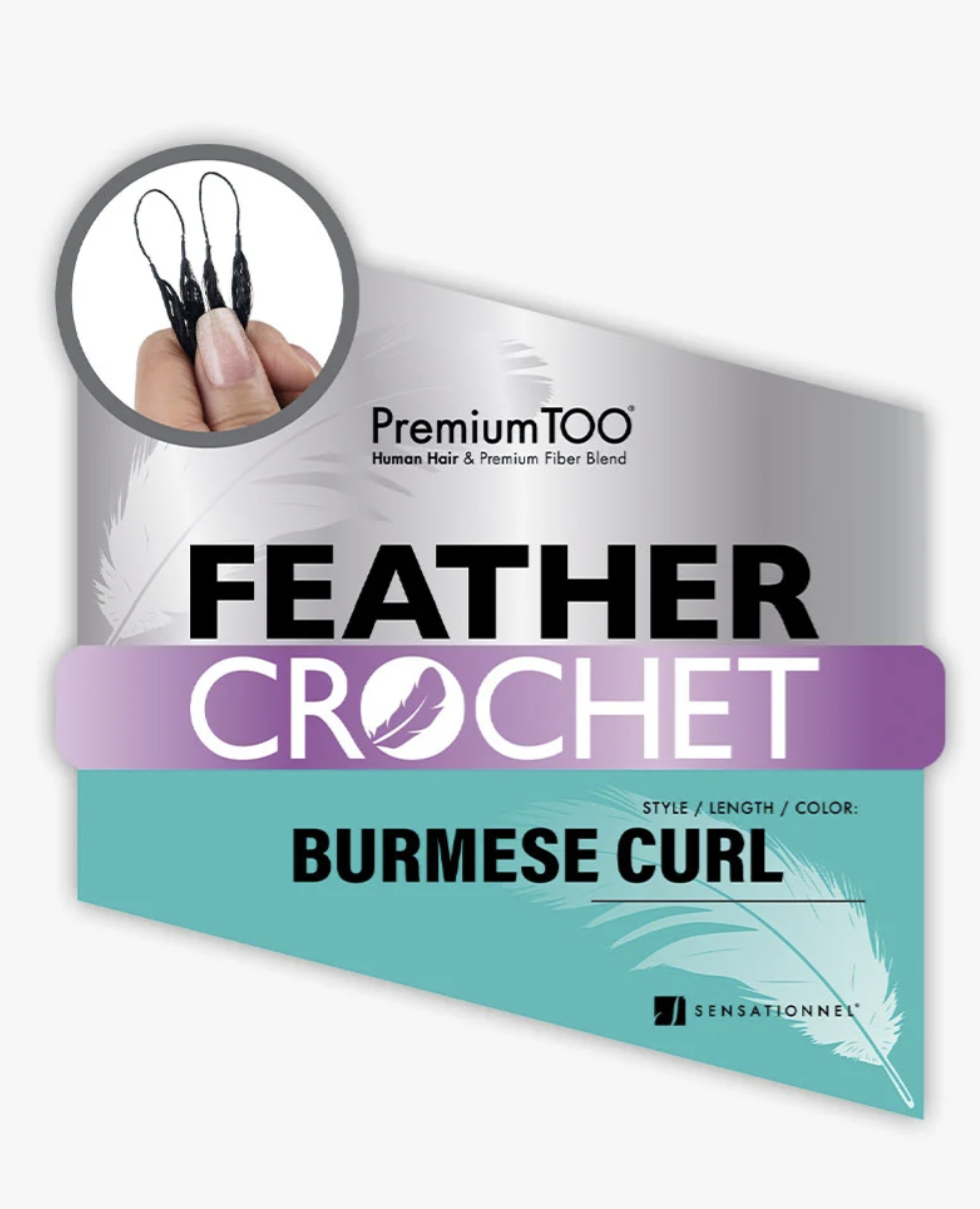 Product packaging for Premium TOO Feather Crochet Burmeise Curl hair extensions, featuring a silver and teal design with a purple banner, an inset photo of a hand holding the black crochet loops, and feather graphics.