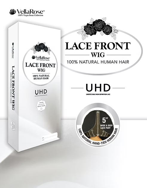 VellaRose lace front wig packaging with product details on a white background