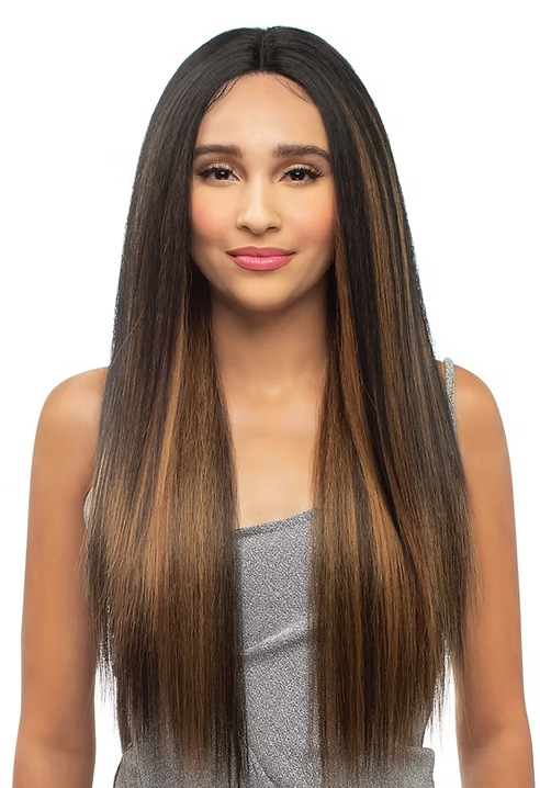 Woman with long, straight hair on a white background