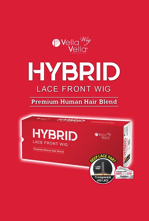 Vella Vella Hybrid lace front wig packaging on a red background