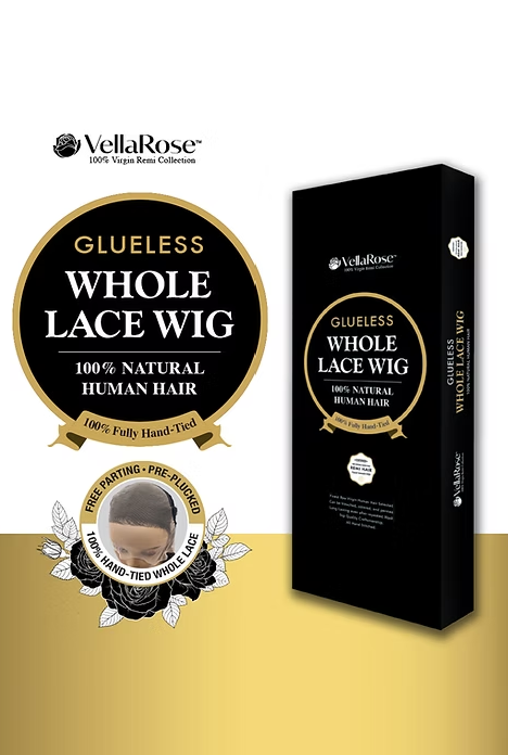 VellaRose glueless whole lace wig packaging on a white and gold background
