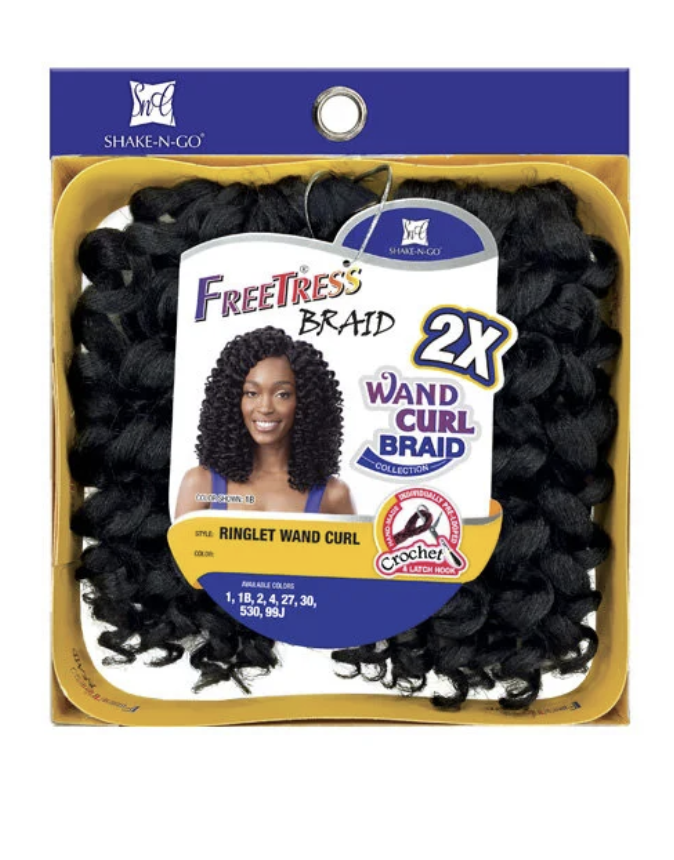 Package of Freetress Braid 2X Wand Curl Braid with a blue and yellow design.