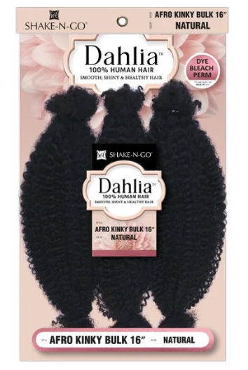 Packaging of Dahlia Afro Kinky Bulk hair extensions with brand logo and product details.