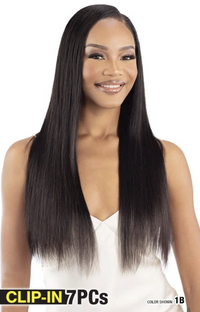 Thumbnail for Woman with long straight black hair styled in a clip-in 7-piece wig, on a white background.