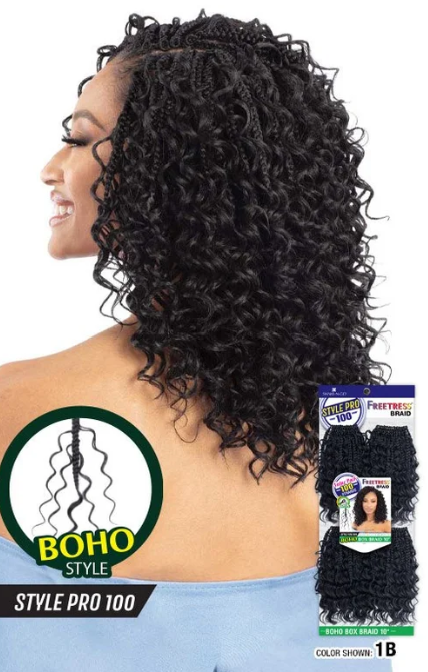 Woman with styled hair and a package of hair extensions labeled 'Boho Style' on a white background.