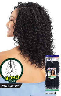 Thumbnail for Woman with styled hair and a package of hair extensions labeled 'Boho Style' on a white background.