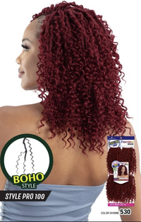 Thumbnail for Woman with styled hair, featuring a hair product packaging labeled 'Boho Style Pro 100' on a white background.