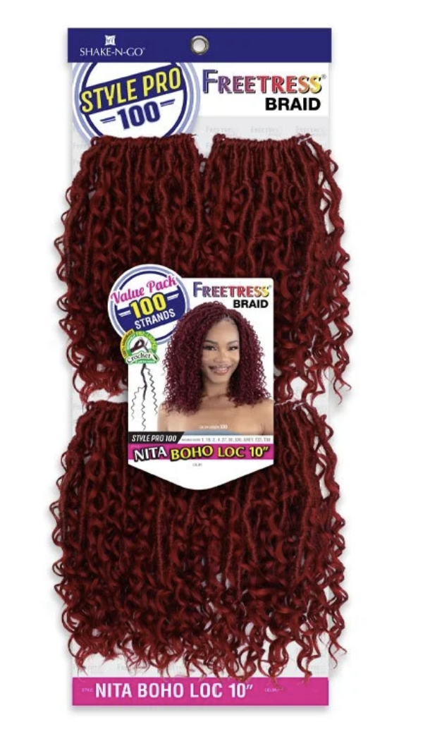 Packaged hair product with red braided hair extensions and branding on a white background