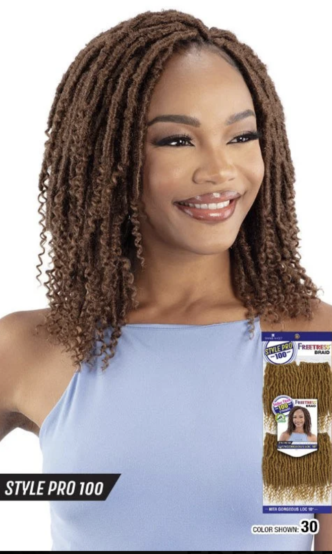 Woman with styled hair and a package of hair extensions on a white background