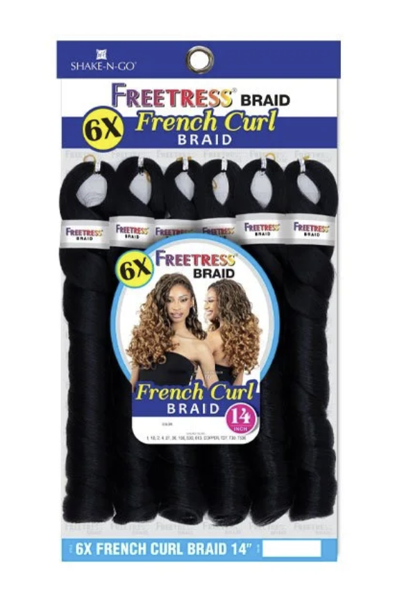Shake-N-Go Freetress Braid French Curl Braid 6-pack of 14-inch black synthetic hair extensions in retail packaging.