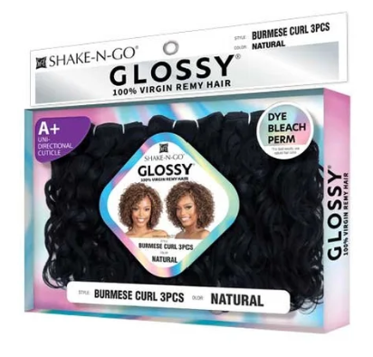 Glossy Shake-N-Go hair product packaging with black hair extensions on a white background