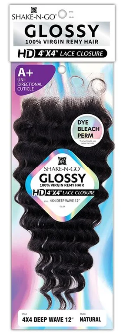 Packaging of Shake-N-Go Glossy HD 4x4 lace closure with hair extensions.