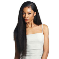 Thumbnail for Woman with long straight black hair wearing a light gray strapless top on a white background