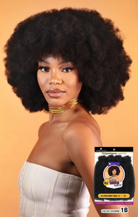Thumbnail for Woman with an afro wig and a package of hair extensions on a beige background