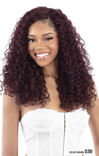 Thumbnail for Woman with long, curly burgundy hair wearing a white strapless top on a white background