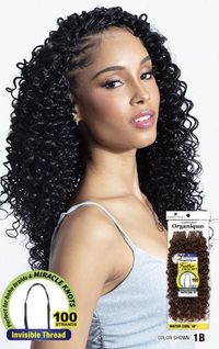 Thumbnail for A woman with long, tight, glossy black curly hair extensions shown against a white background, alongside a package of Organiques Water Curl-Up hair extensions in color 1B.