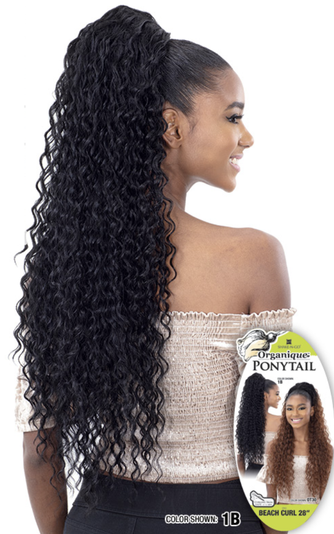Woman with long, wavy ponytail hair extension and product packaging in the corner.