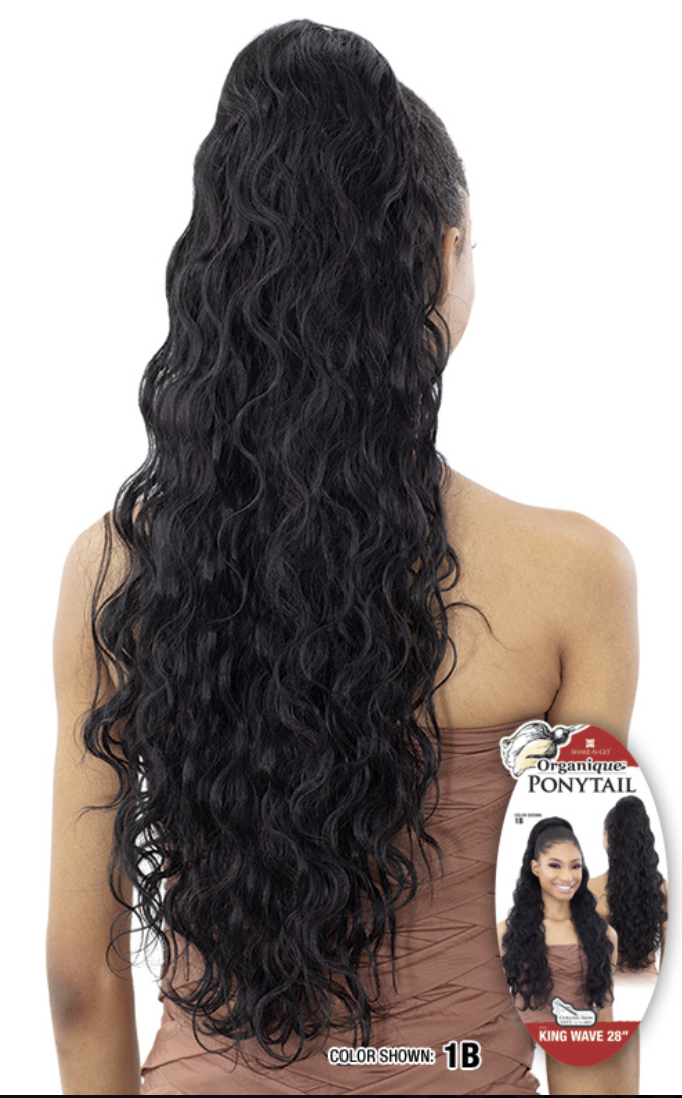 Long wavy black hair extension on a white background with a product label.