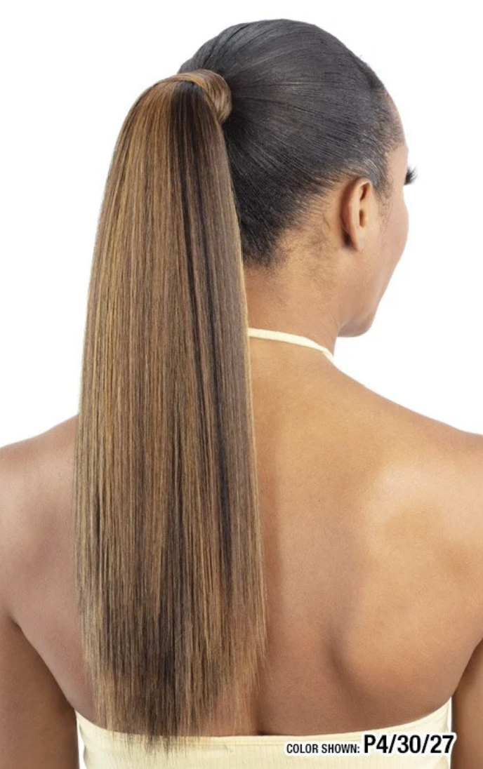 Woman with a long, straight ponytail on a white background