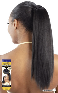 Thumbnail for Woman with a long black ponytail and a hair product packaging on a white background