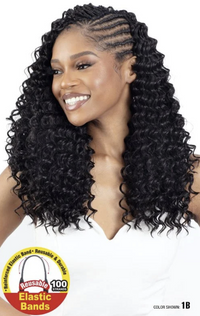 Thumbnail for A smiling woman with long, dark curly elastic hair extensions and cornrow braids, wearing a white top against a white background. A circular promotional badge in the lower left reads 'Reusable Elastic Bands 100% Synthetic' and 'COLOR SHOWN 1B'.