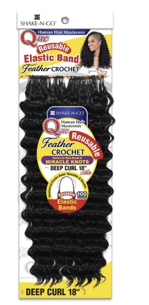 Shake-N-Go Q Series Reusable Elastic Band Feather Crochet Deep Curl 18" human hair extensions in a black wavy texture, packaged in a white and yellow cardboard sleeve.