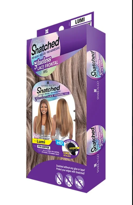 Shatched glueless lace frontal hair product packaging on a white background