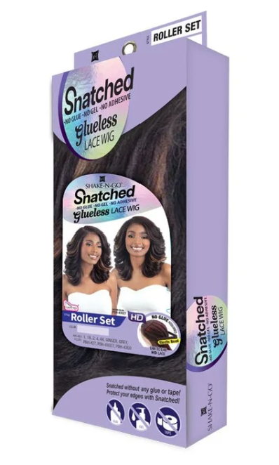 Box of Snatched Glueless Lace Wig Roller Set with images of women wearing the wig on a white background.