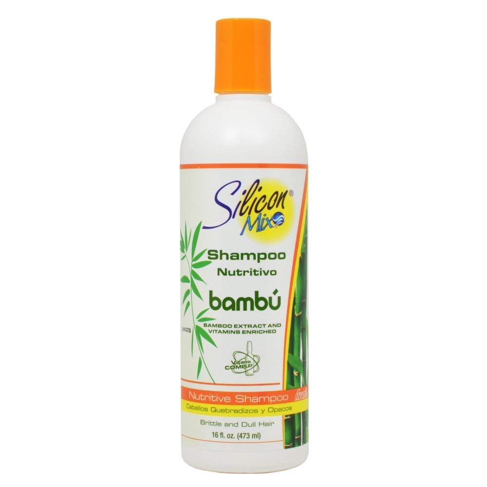 Silicon Mix Shampoo Nutritivo bottle with bamboo design on a white background