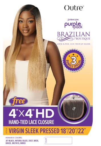 OUTRE VIRGIN SLEEK PRESSED  HD HAND - TIED LACE CLOSURE 18" 20" 22" + 4x4, LABEL