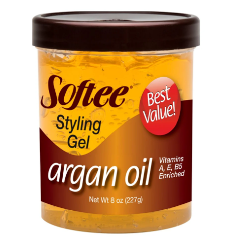 Jar of Softee Styling Gel with argan oil on a white background