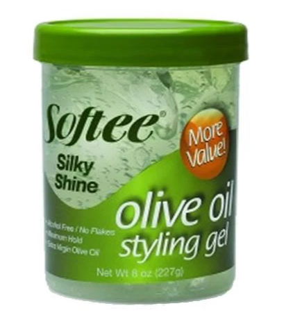Jar of Softee Olive Oil Styling Gel with green lid and label on a white background