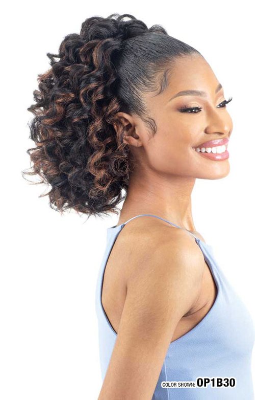 SHAKE N GO FREETRESS EQUAL DRAWSTRING PONYTAIL NATURAL DEEP CURL, SIDE VIEW