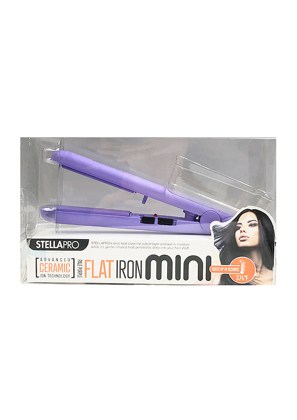 Stella Pro Flat Iron Mini in purple, shown inside its retail packaging box on a white background.