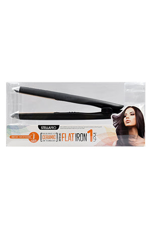 Stella Arto 1.3" flat iron in its original retail packaging, featuring a black flat iron with a silver tip, shown alongside a model with styled dark hair.