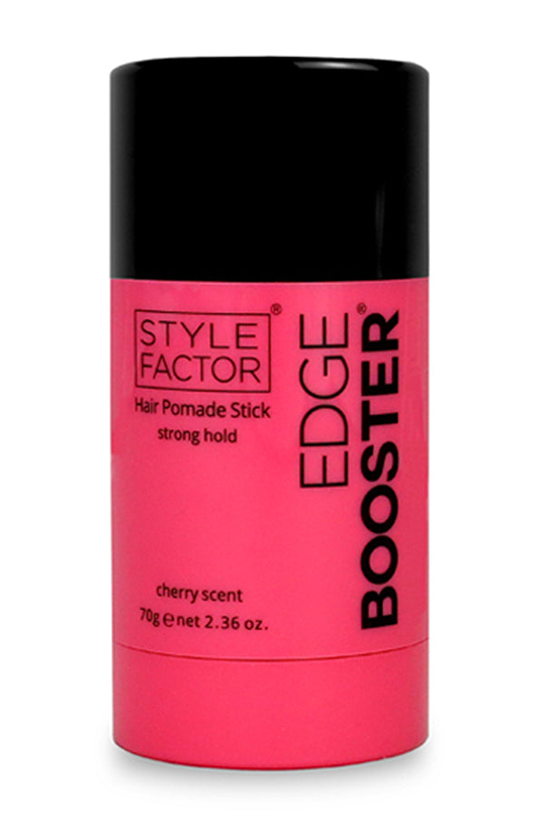 A Style Factor Edge Booster Hair Pomade Stick in cherry scent, featuring a bright pink container with a black cap and black text.