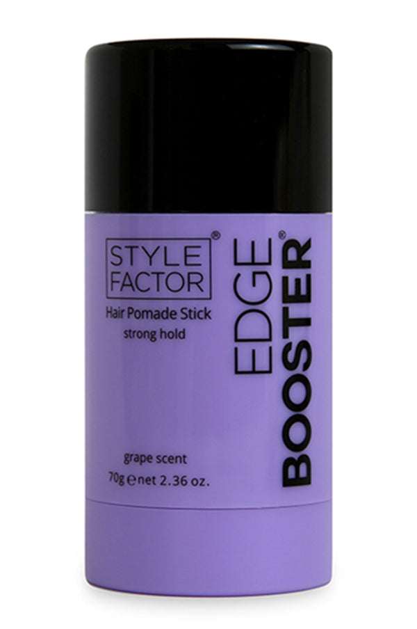 Style Factor Edge Booster Hair Pomade Stick in grape scent, featuring a black cap and a lavender purple body with black text.