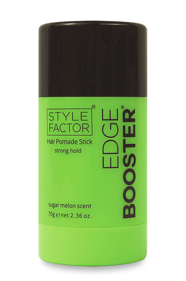 Style Factor Edge Booster Hair Pomade Stick in sugar melon scent, featuring a bright lime green body and a black cap, shown on a plain white background.