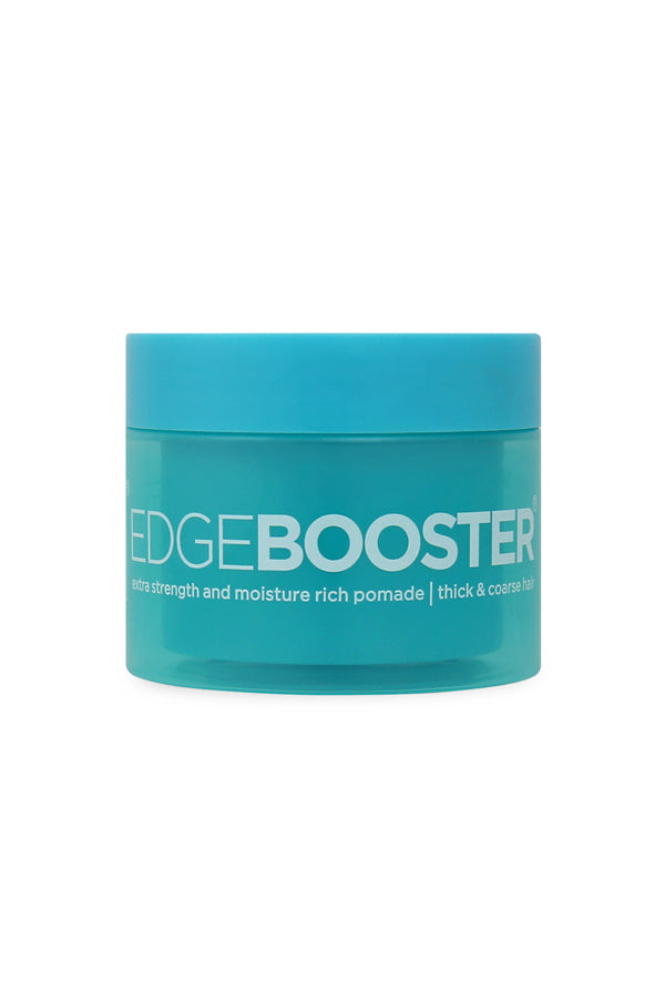 A teal blue plastic jar of Edge Booster Pomade on a solid white background.