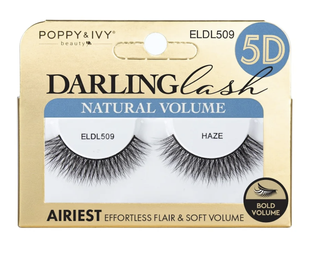 Poppy & Ivy Darling Lash 5D Natural Volume false eyelashes in the shade Haze, shown in their original gold and blue packaging.