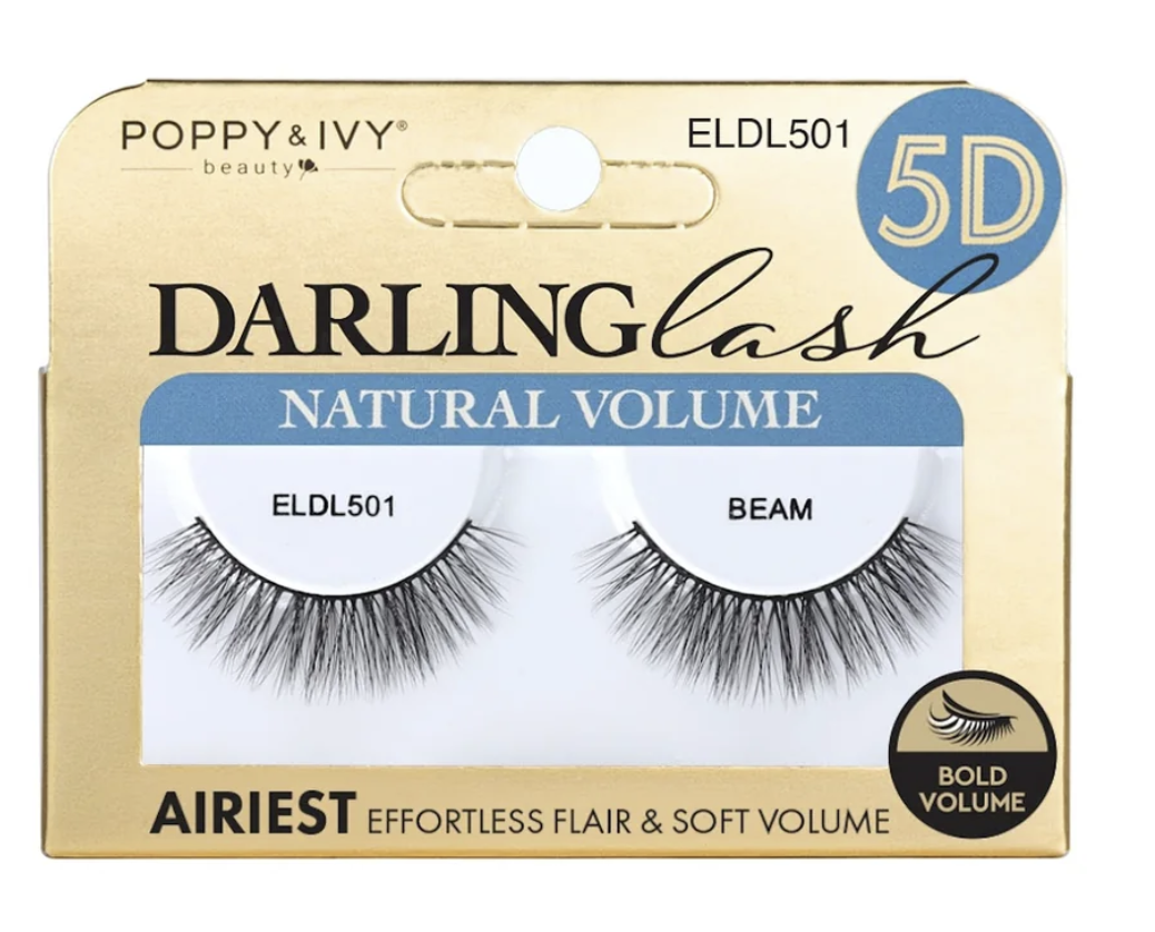 Poppy & Ivy Darlinglash 5D Natural Volume false eyelashes in the Beam shade, shown in their original gold and blue cardboard packaging.