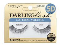 Thumbnail for Poppy & Ivy Darling Lash Natural Volume false eyelashes in package, model ELDL504, Puff, with a gold and blue card backing.