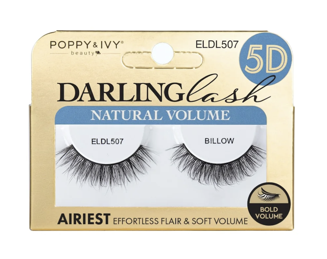 Poppy & Ivy Darling Lash 5D Natural Volume false eyelashes in the color Willow, shown in their original gold and blue packaging.